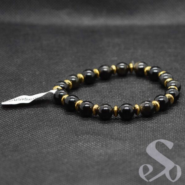 Bracelet Mala en obsidienne et anneaux dorés