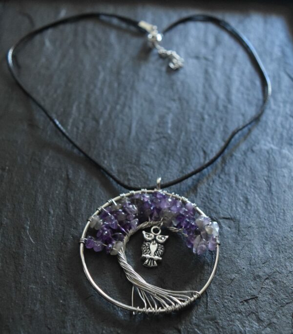 Collier arbre de vie éclat d'améthyste et chouette