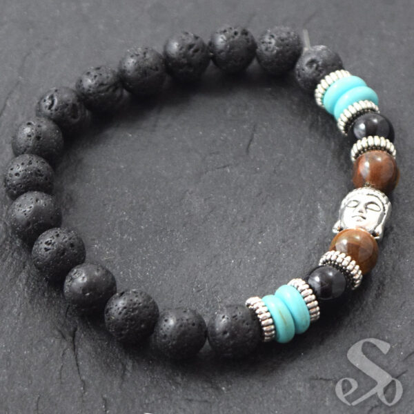 Bracelet Pierre de Lave Œil de tigre Onyx Turquénite et tête de Bouddha